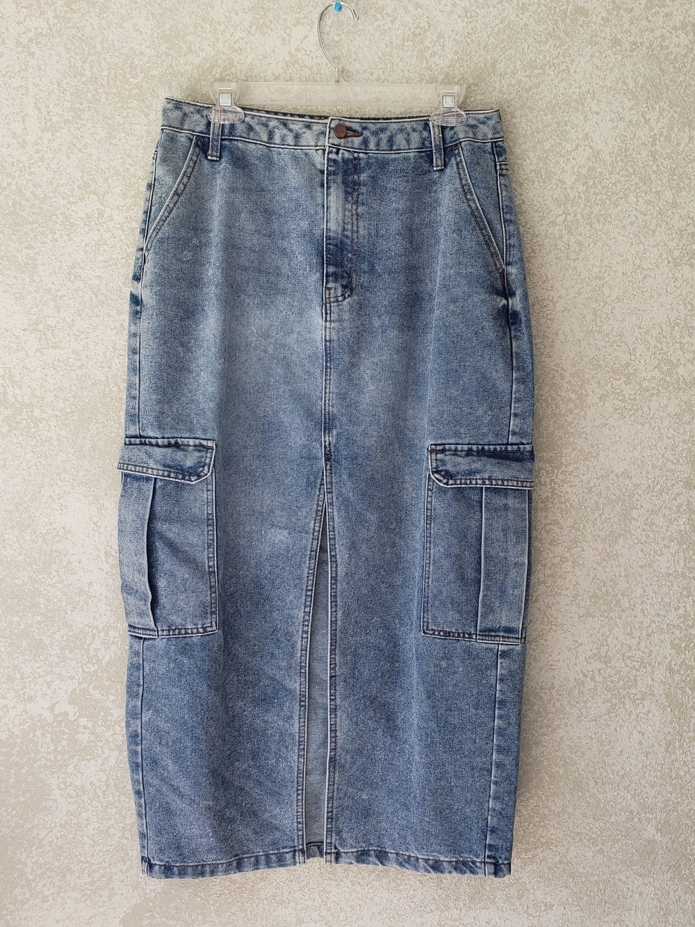love, Fire Light Blue Denim Jean Long Skirt Front Slit Cargo Pockets  Modest